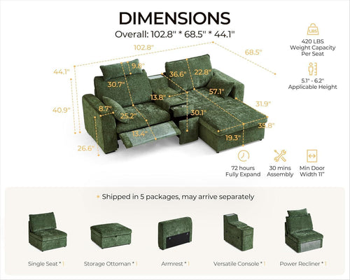 102.8 Inch White Power Recliner Sofa With Headrest And USB Charging Storage Ottoman-1